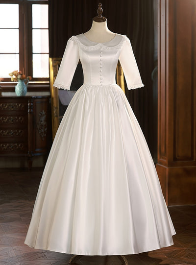 White Satin Short Sleeve Button Wedding Dress