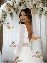 White Long Sleeve V-neck Lace Wedding Dress