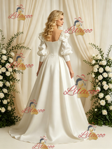 Short Sleeve Satin Square Neck Wedding Dress