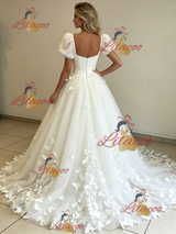 White Tulle Puff Sleeve Butterfly Wedding Dress