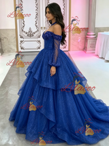 Blue Long Sleeve Sequins Beading Quinceanera Dress