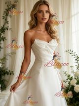 White Tulle Strapless Pleats Wedidng Dress