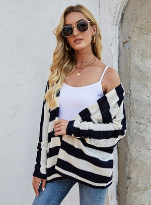 Bat Sleeve Knitted Loose Striped Coat