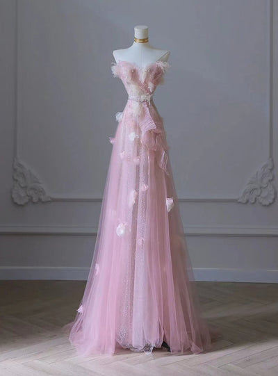 Pink Tulle Sequins Appliques Prom Dress