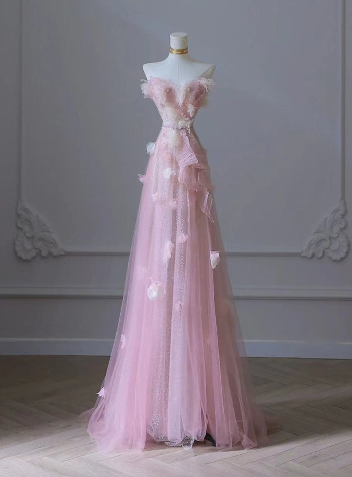 Pink Tulle Sequins Appliques Prom Dress