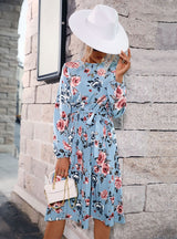 Long Sleeve Blue Pleated Floral Dress