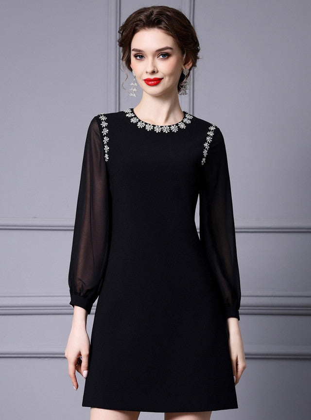 Black Long Sleeve Crystal Mother Of The Bride Dress