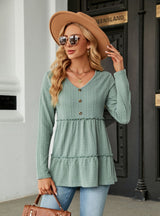 Solid Color V-neck Button Loose Long Sleeve T-shirt