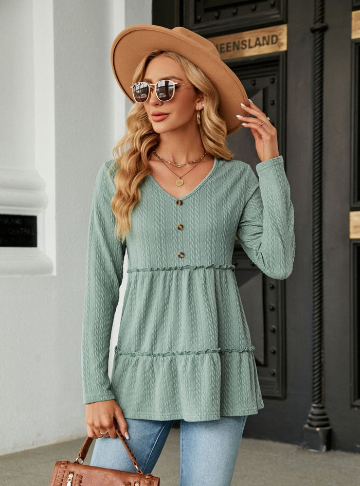 Solid Color V-neck Button Loose Long Sleeve T-shirt