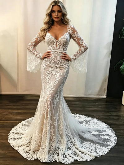 White Mermaid Lace Long Sleeve Wedding Dress