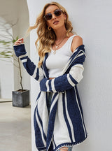 Striped Contrast Hooded Irregular Long Sleeve Sweater Coat