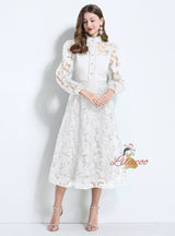 Hollow Crocheted Lace Shirt+High Waist Skirt
