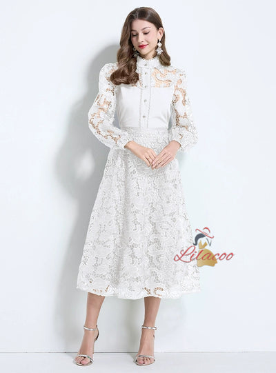 Hollow Crocheted Lace Shirt+High Waist Skirt
