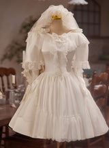 White Satin Lace Short Sleeve Wedding Dress