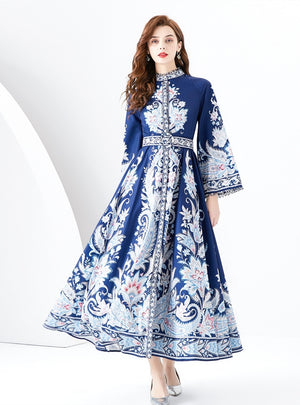 Retro Flared Sleeve Split Print Dress