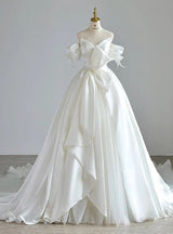 White Satin Strapless Bow Wedding Dress