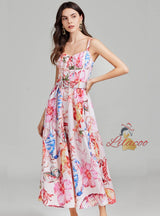 Holiday Pink Printed Seaside Suspender Flower Dress