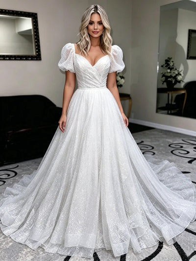 White Sequins Puff Sleeve Wedding Dress