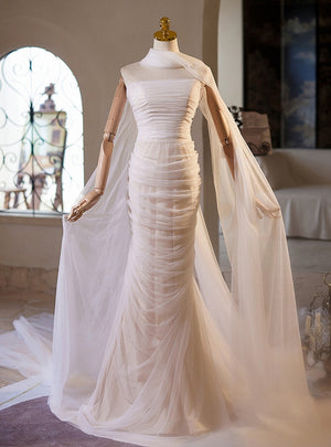 White Mermaid Tulle Pleats Wedding Dress