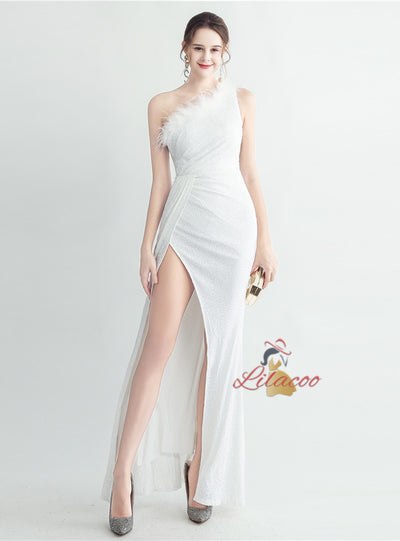 One Shoulder Sequins Split Prom Dress