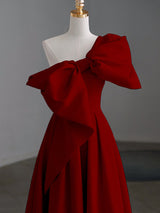 Burgundy Satin One Shoulder Bow Prom Dress