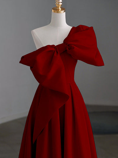 Burgundy Satin One Shoulder Bow Prom Dress