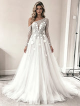White Tulle Long Sleeve Flower Wedding Dress