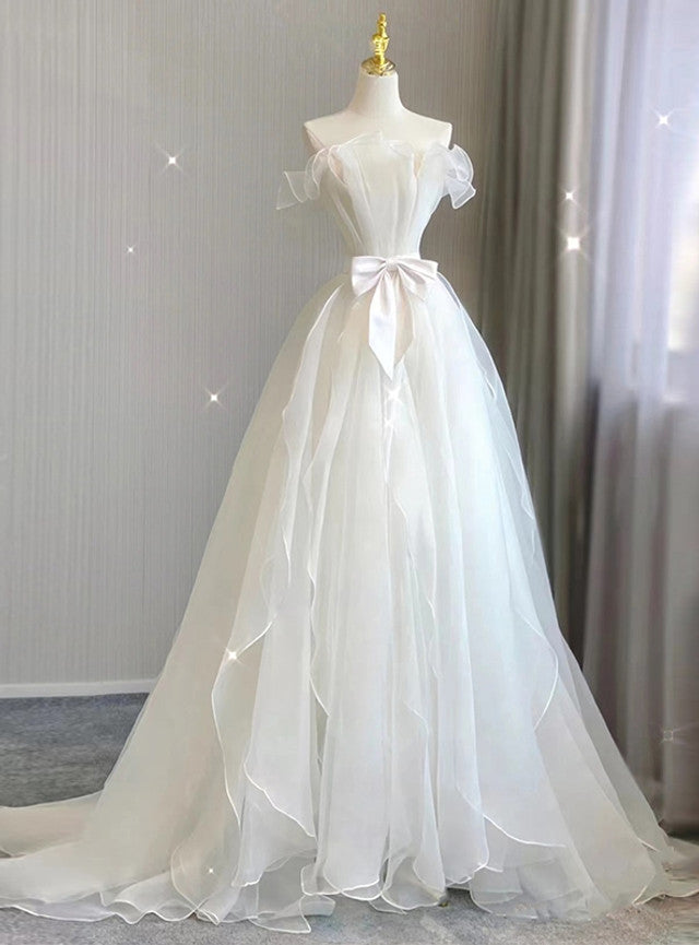 White Tulle Pleats Bow Wedding Dress