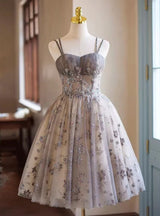 Gray Tulle Sequins Straps Homecoming Dress