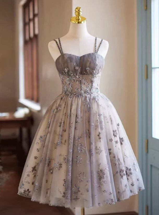 Gray Tulle Sequins Straps Homecoming Dress