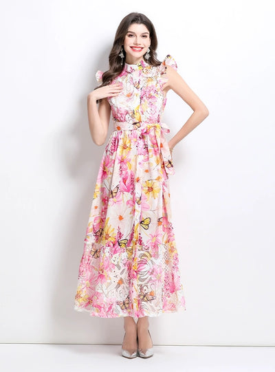 Oil Painting Flower Lace Stitching Long Dress