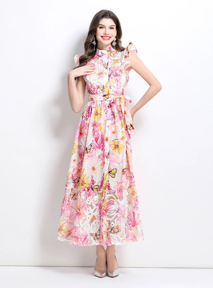 Oil Painting Flower Lace Stitching Long Dress