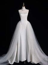 White Tulle Satin Spaghetti Straps Wedding Dress