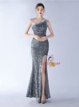 One Shoulder Mermaid Sequins Split Prom Dress
