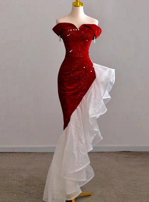 Burgundy Sequins Mermaid Pearls Prom Dress