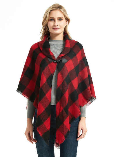 Lapel Horn Buckle Plaid Cloak Shawl
