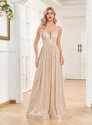 Deep V-neck Sequins Straps Prom Dress