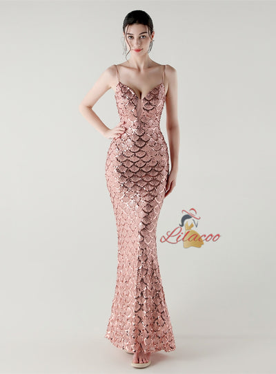 Spaghetti Straps Mermaid Sequins Prom Dress