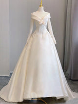 Ivory White Satin Long Sleeve Wedding Dress