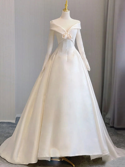 Ivory White Satin Long Sleeve Wedding Dress