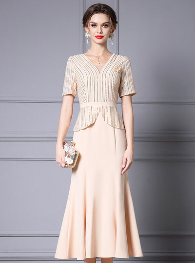 Apricot Short Sleeve Sequins Mother Of The Bride Dress