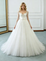 Beige White Tulle Long Sleeve Beading Wedding Dress
