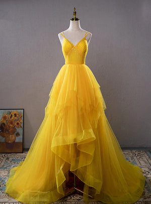 Yellow Tulle Spaghetti Straps Pleats Prom Dress