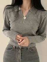 Solid Color V-neck Pullover Slim Short Sweater