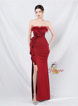 Mermaid Strapless Feather Split Prom Dress