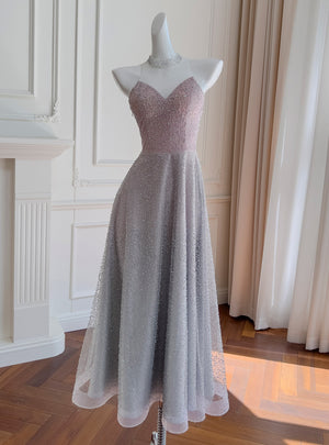 Gray Tulle Sequins Backless Prom Dress