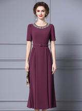 Black Short Sleeve Crystal Belt Mother Of The Bride Dress