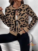Leopard Bow Tie Knitted Long Sleeve Sweater