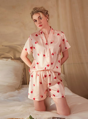 Heart Print Ice Silk Pajamas Suit