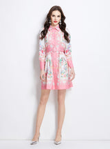 Retro Lapel Button Printed Dress